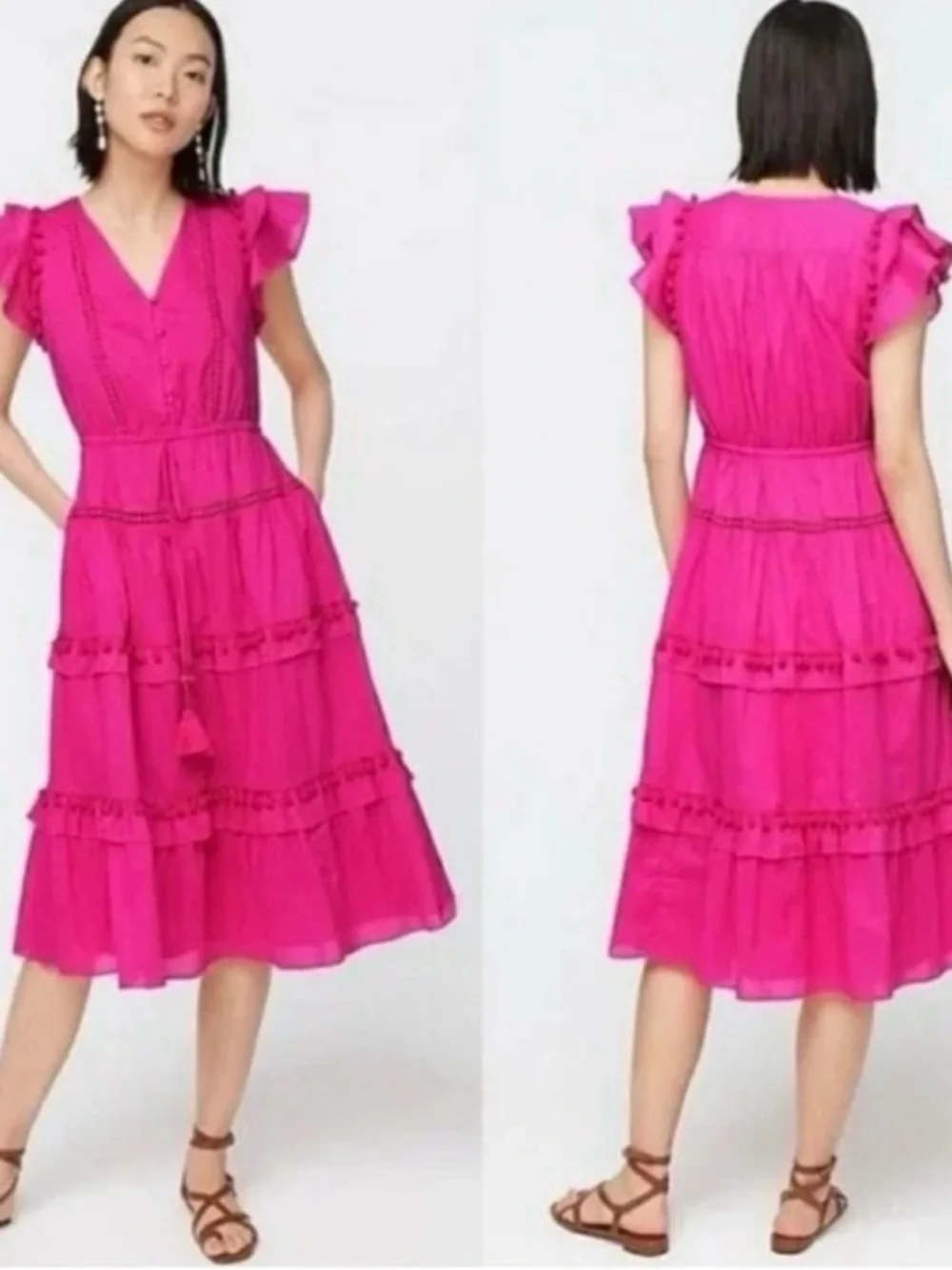 NWT J. Crew Pink Tiered Midi Dress with Flutter Sleeves and Pom Pom Trim Sz 14